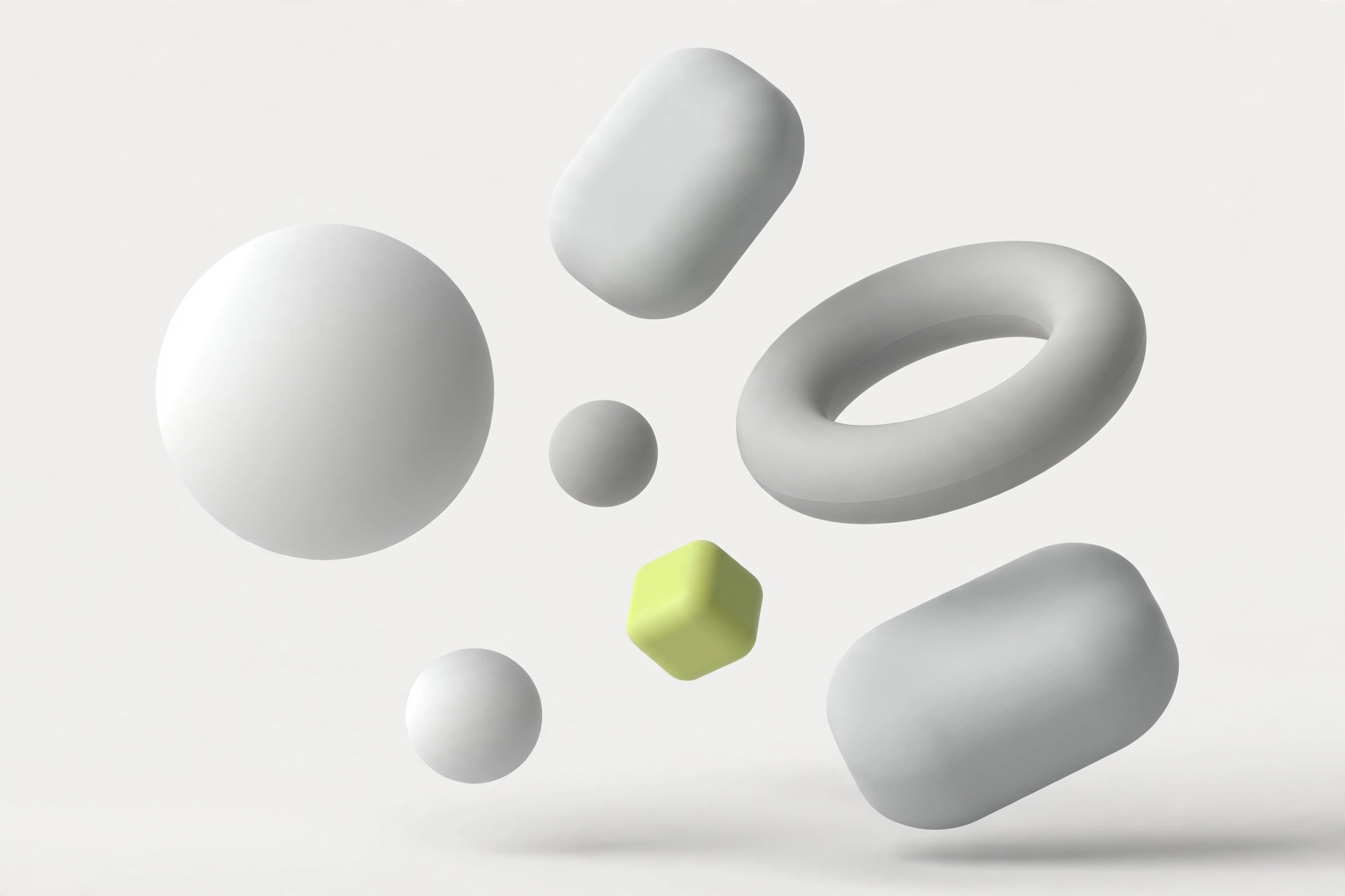 Abstract 3D geometric shapes in white with lime accent